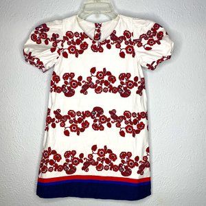 Janie and Jack, girl's 7, white border print lined dress 100% cotton red/blue.